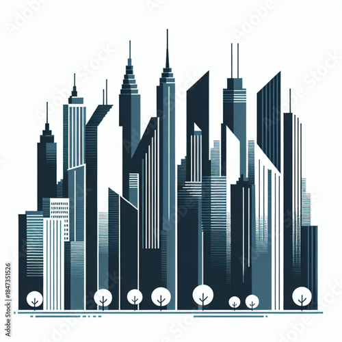 Skyline Symphony: An abstract artistic interpretation of an urban metropolis showcasing a series of modern skyscrapers, minimalist tree silhouettes.