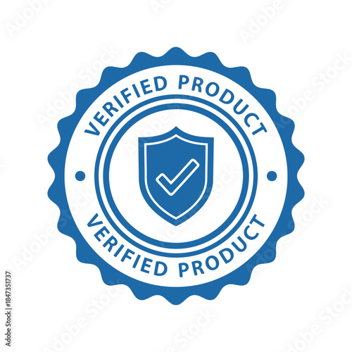 Blue verified product seal badge with shield icon Vector