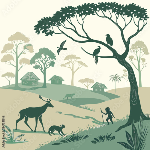 Charming stylized scene of African savanna village life with wildlife and a child exploring nature