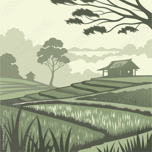 Stunning serene rice terrace landscape featuring a traditional hut nestled among lush green hills
