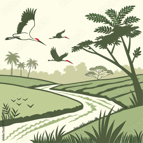 Stunning stylized African savanna landscape with elegant storks soaring over winding river path