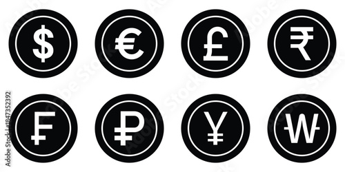 International currency symbols.  Minimalist Financial Symbols, Money Graphics, Banking and Economic Vector Illustration, Currency Signs, Financial App Icons, Economic Infographics. eps 10