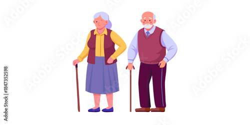 An illustration depicting a smiling elderly couple standing together