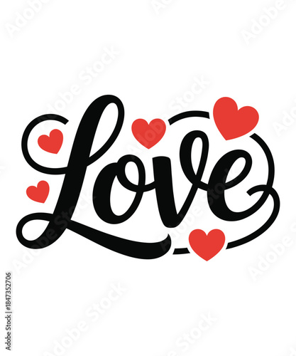 Beautiful script typography spelling love with red hearts accents  t shirt design