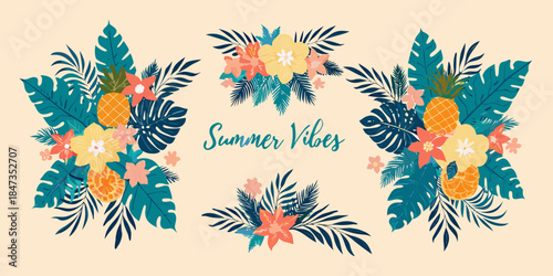 Tropical floral arrangement with pineapples and summer vibes calligraphy design