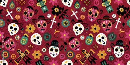 Colorful day of the dead sugar skulls and floral pattern background