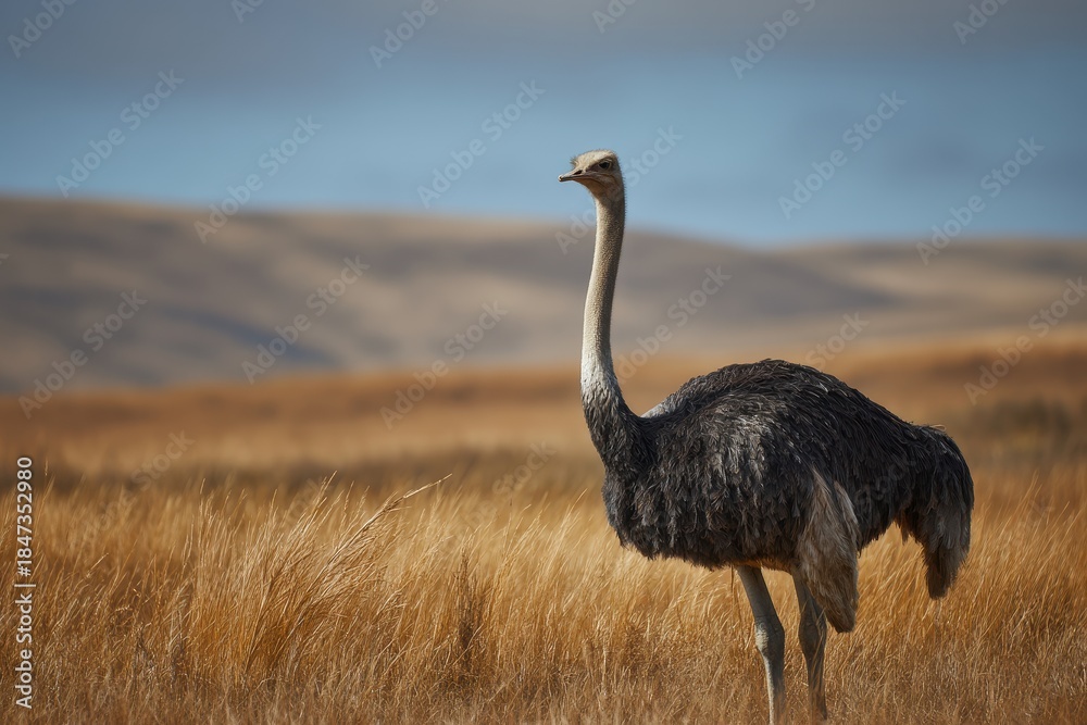 Naklejka premium An ostrich with long neck standing in a field of tall grass