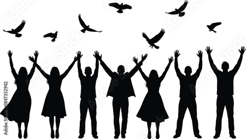Group of People Silhouette with Hands Raised and Birds Flying, Freedom and Community Concept Vector Illustration, Isolated on White Background for Design