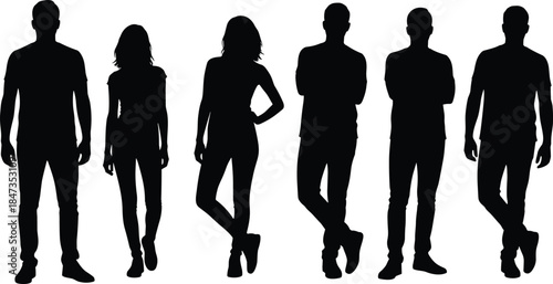 Group of Young Adults Standing Silhouette Vector Set, Diverse People Posing, Community and Teamwork Concept, Isolated on White Background for Design