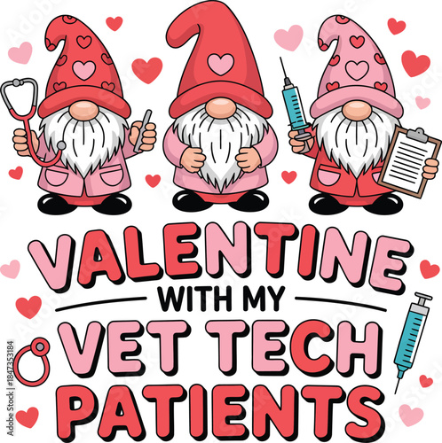 Three cute gnomes dressed as veterinary technicians celebrating valentines day with hearts  t shirt design