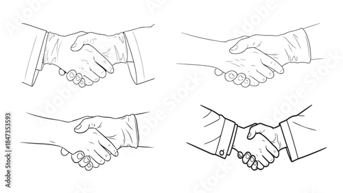 Set of four vector line art handshake illustrations showing different angles of business agreement and partnership gestures