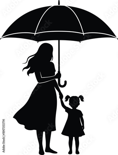Mother and Daughter Standing Under Umbrella Silhouette Vector Illustration, Parenthood Love and Family Care Concept, Protection and Safety Design Element Isolated