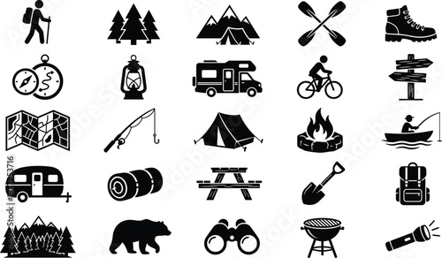 Outdoor Activity and Camping Icon Set Silhouette Vector, Hiking, Mountaineering, Nature, and Adventure Symbols Collection Isolated on White Background