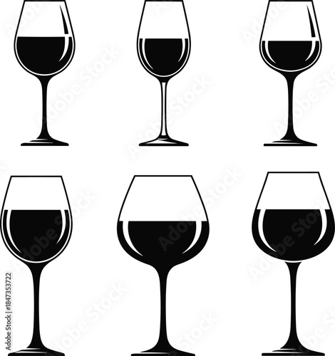 Wine glass set illustration, black and white sketch, different shapes, stemware collection, minimalist line art, elegant drinkware, silhouette design