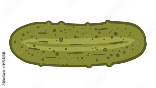 Rendered in a crisp vector style, this horizontal pickle features a bumpy, olive-green surface dotted with dark pores and a pale central highlight, enclosed within a thick, dark green outline