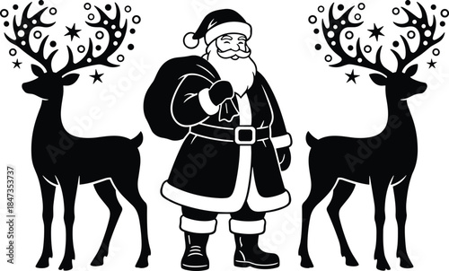 Santa Claus and Reindeer Silhouette Vector Illustration, Merry Christmas Holiday Celebration and New Year Festive Design Element Isolated on White Background