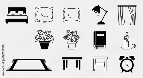 Black and white line drawing furniture.