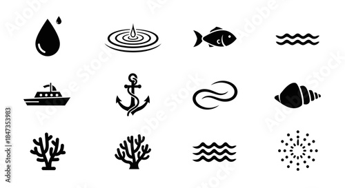 Black and white ocean icons set.