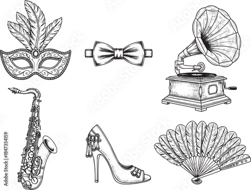 Elegant illustration with masquerade mask, bow tie, gramophone, saxophone, high heel, and hand fan, all of which evoke a sense of vintage charm. They are carefully sketched with fine details.