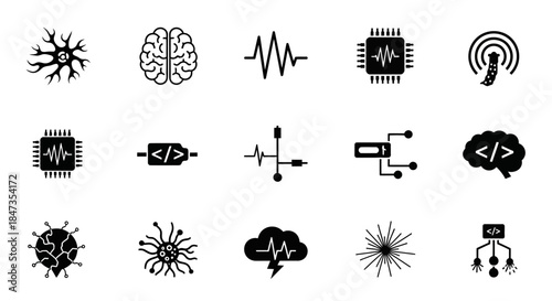 Black icons of digital brain technology.