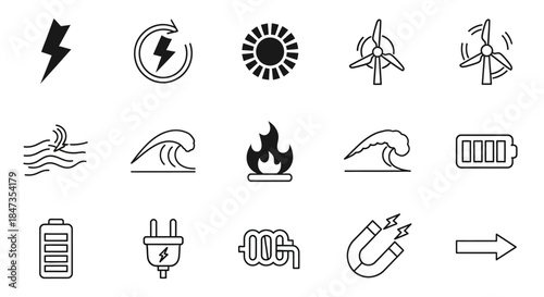 Black icons of energy and power.