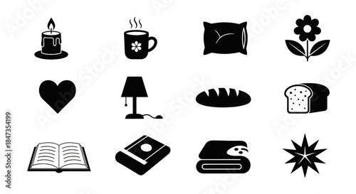 Black icons of everyday objects.