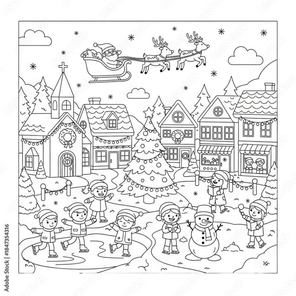 Fototapeta premium Children Ice Skating in a Festive Christmas Village Coloring Page.