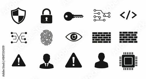 Black icons of security and technology.