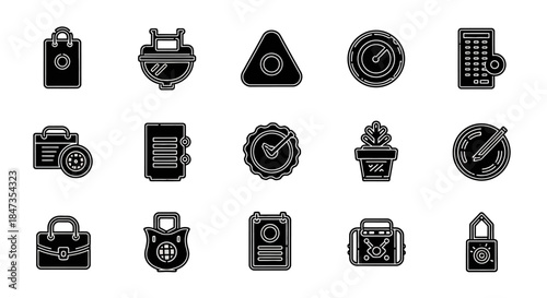 Black icons of office supplies and gadgets 2.