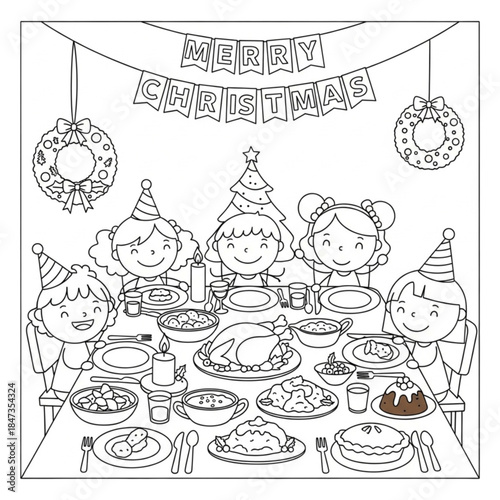 Happy children gathered around a table for a Christmas dinner coloring page illustration.