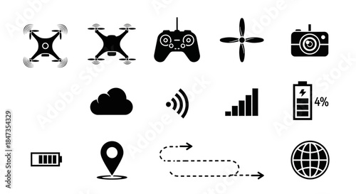 Black icons of technology and internet.