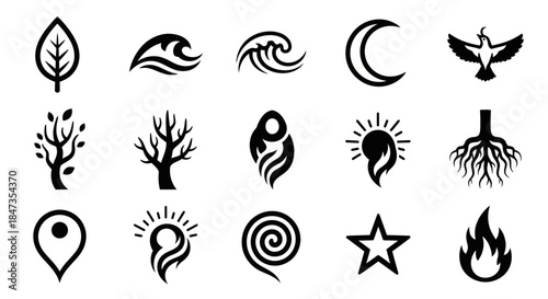 Black icons of various natural symbols 1.