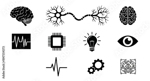 Black icons of technology and brain.