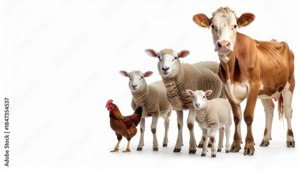 Fototapeta premium Group of Farm Animals on White Background with Copy Space