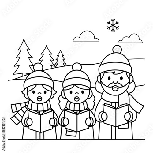 A group of three cute cartoon Christmas carolers singing together.
