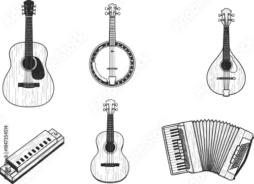 Variety of musical instruments in a simple drawing. Instruments include acoustic guitar, banjo, mandolin, harmonica, classic guitar, and accordion
