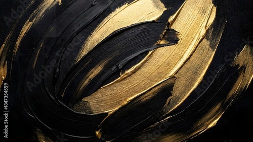 Abstract art background featuring thick golden and black acrylic paint brush strokes with rich texture on dark canvas surface