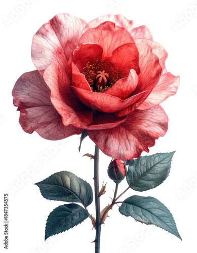 A vibrant, close-up botanical illustration of a blooming red rose