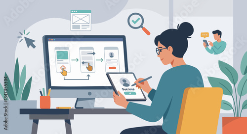 Flat vector illustration of a UX/UI designer testing usability, user flow and interaction symbols, clean shapes, solid colour palette, flat vector design