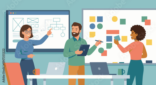 Flat vector illustration of a UX/UI designer collaborating with team, discussion around screens and sticky notes as abstract shapes, solid colours, flat vector illustration, no text