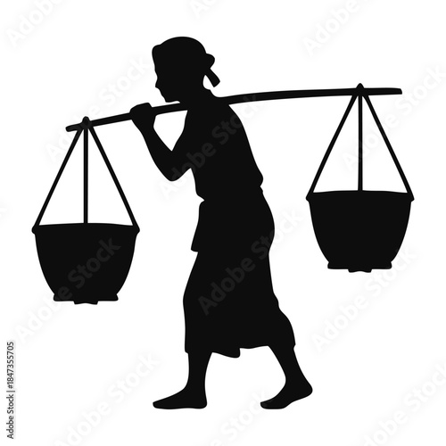 silhouette of a person carrying a yoke containing a basket