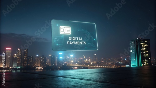 Glowing Digital Credit Card Floating Over a City at Night