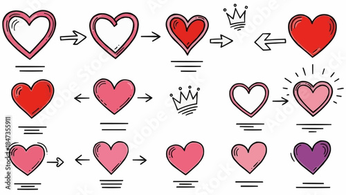 Collection of Hand Drawn Hearts and Crowns Illustrating Love and Connection.