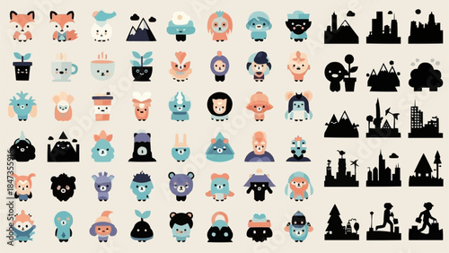 Collection of diverse cartoon characters and city silhouettes.