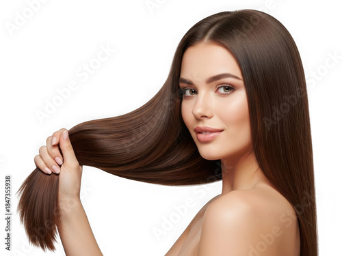 Woman with long brown hair, isolated on transparent background