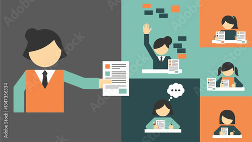 A person presenting a document to a group of people engaged in various tasks like voting, filling forms, or providing feedback.