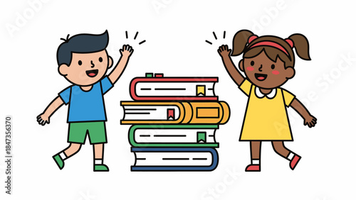 Children Celebrating Around Stack of Books