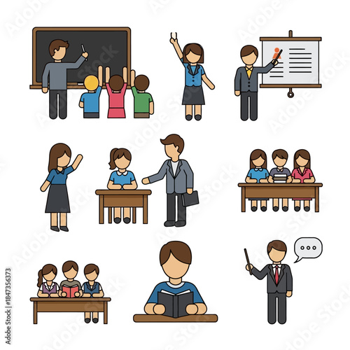 Flat design icons depicting various educational activities and school scenes with teachers and students.