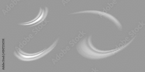 Airflow, white fumes or chilly breeze movement effect, isolated on a transparent background. Realistic vector depiction of abstract wind currents