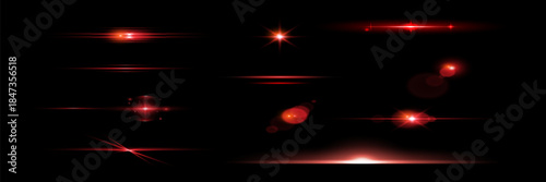 Red light effect reflections, neon illumination in red colors. Bright light lens. Police light effects, lines. Shiny stars, glowing sparks on a black background.